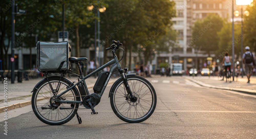 Fototapeta premium Electric Delivery Bike on City Street at Sunset, Urban Transportation Concept