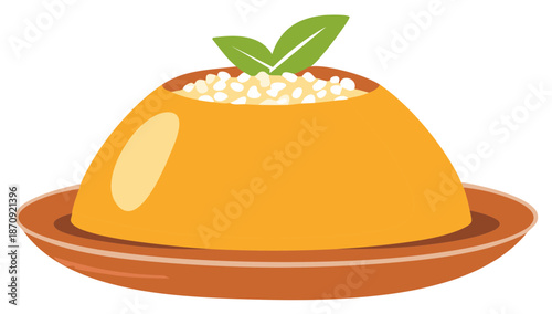 Sweet yellow orange dessert pudding with sprinkles and fresh green leaves vector illustration
