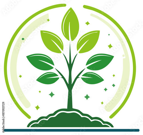 Vibrant green plant seedling growing from earth protected by a circular environmental symbol