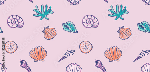 Sea Shell print design. summer season textaile pattern in vintage retro vibes. seamless pattern design in vector. girls print design. beach vector,