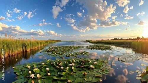 Scenic view of a tranquil lake with water lilies and reeds under a cloudy sky.