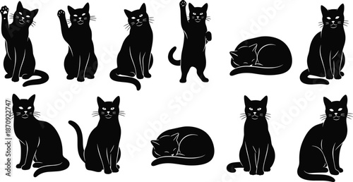 Set of black cat silhouettes in various poses including sitting, sleeping and waving, isolated domestic kitten figures for Halloween and animal vector design