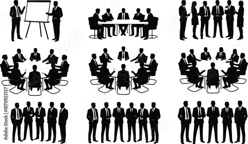 Business people silhouette collection showing meetings presentations teamwork and corporate discussions for office management and professional collaboration vector illustration