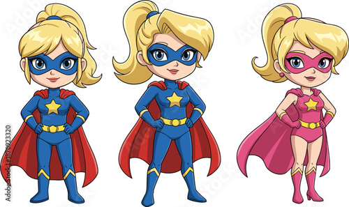 Set of cute cartoon superhero girls in powerful poses wearing capes and masks, brave female characters for kids design concept,