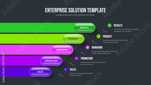 Marketing Report Five Element Diagram Slide Template. Corporate Overview 5 Option Infographic Presentation Design. Digital Performance Slideshow Layout Vector Illustration.