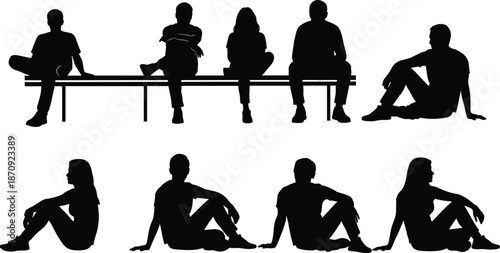 Set of sitting people silhouettes, men and women resting on bench and ground, group of diverse figures for architectural visualization and vector design