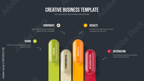 Visual Introduction Slide Layout Vector Illustration. Enterprise Portfolio Four Step Diagram Frame Design. Marketing Innovation 4 Option Infographic Slideshow Template.