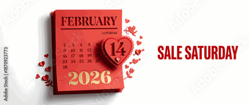 Valentine's Day Sale calendar with heart-shaped date marker on February 14, 2026, surrounded by scattered hearts on a clean background