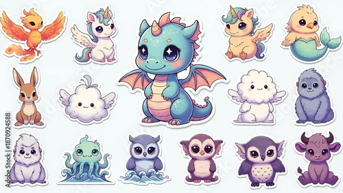 Cute Chibi Kawaii Fantasy Creatures Stickers Collection Dragon, Unicorn, Owl, Bunny