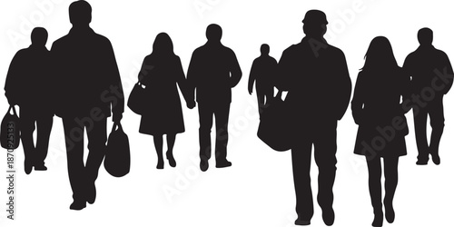 Silhouettes of people walking in a group together outside
