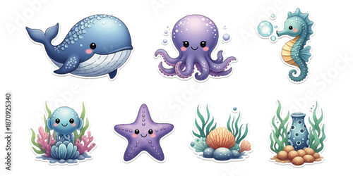 Cute Kawaii Sea Creatures Collection Whale, Octopus, Seahorse, Jellyfish, Starfish