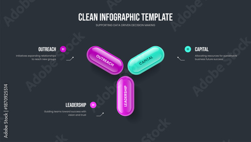 Service Portfolio 3 Element Infographic Frame Layout. Professional Report Three Step Diagram Presentation Design. Company Launch Slideshow Template Vector Illustration.