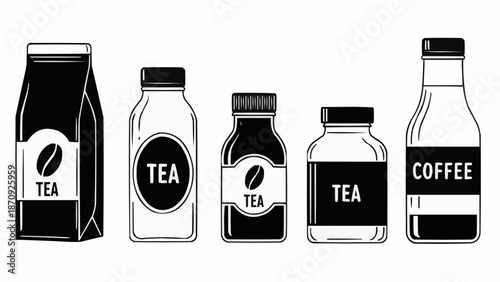 Collection of Tea and Coffee Packaging and Bottles.