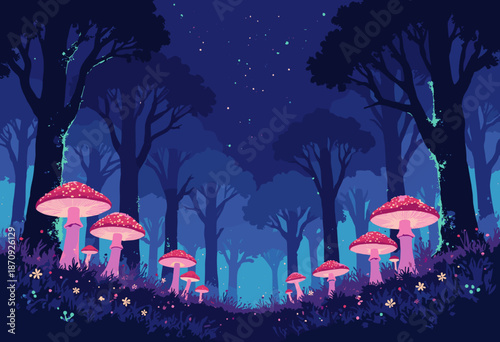 A bioluminescent mushroom forest at night. Glowing spores. Deep indigo background with neon green highlights. Flat vector design