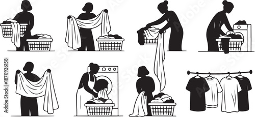 Laundry Day Routine Silhouette Illustrations of Woman Doing Chores