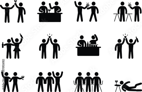 Drinking alcohol pictogram icon set with people celebrating, socializing, partying at bar, nightlife scenes in simple black silhouette style