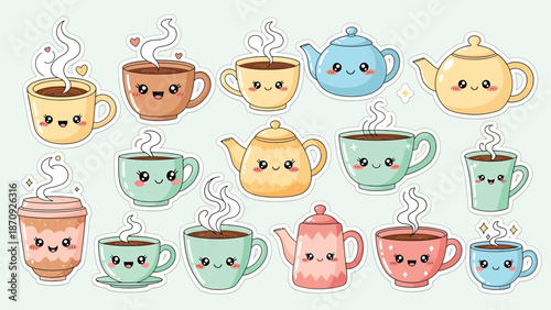 Kawaii Coffee Cups and Teapots Collection Cute Hot Drinks Illustrations