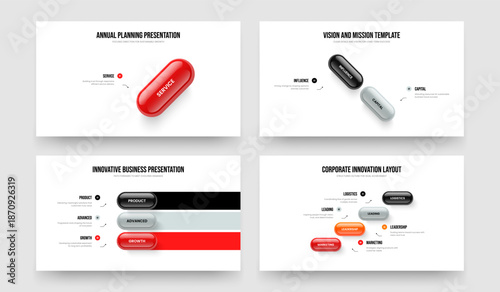 Professional Innovation 1 2 3 4 Element Diagram Slideshow Design Collection. Company Portfolio One Two Three Four Step Infographic Frame Template Vector Illustration Set.