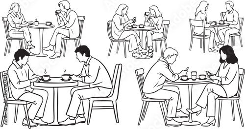 People sitting at tables in a cafe setting illustration