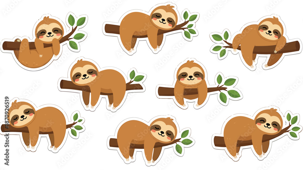 Fototapeta premium Cute Sloth Collection, Lazy Jungle Animal Art, Relaxed Treetop Life