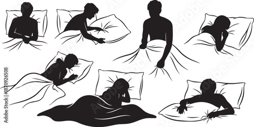 Silhouettes of people sleeping and resting in bed