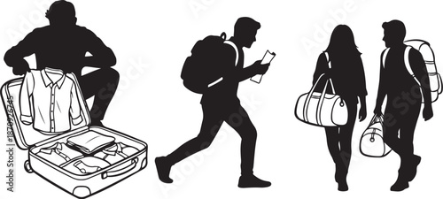 Travelers packing and walking with luggage in silhouette style