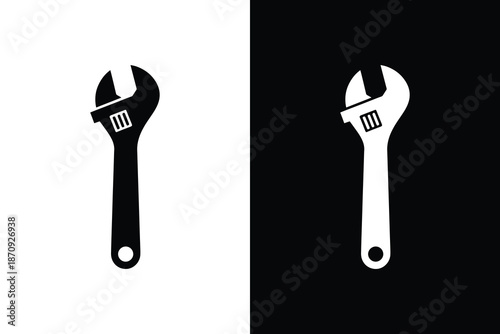 Adjustable wrench icon set, Minimal black and white tool vector for repair and maintenance