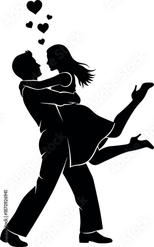 Romantic Silhouette of Man Lifting Woman in Air with Hearts for Valentines Day Anniversary Engagement Wedding and Couple Love Concept