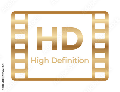 Gold hd high definition icon with filmstrip border design.