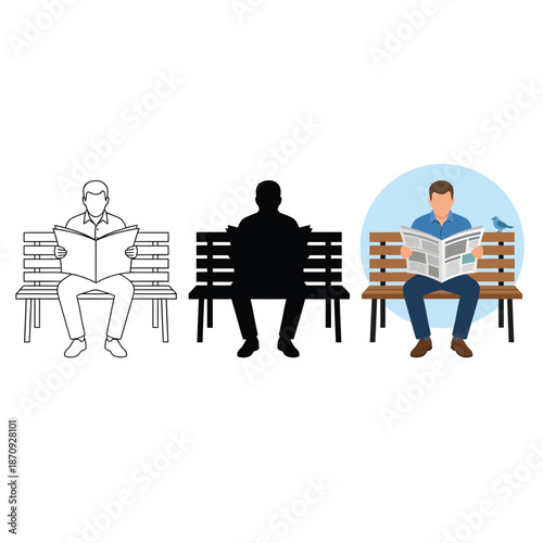 Man reading a newspaper on a park bench in varying styles