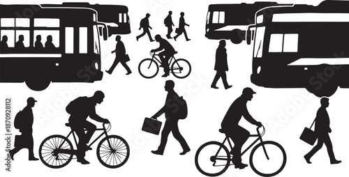 City Commuters Silhouettes Walking and Cycling