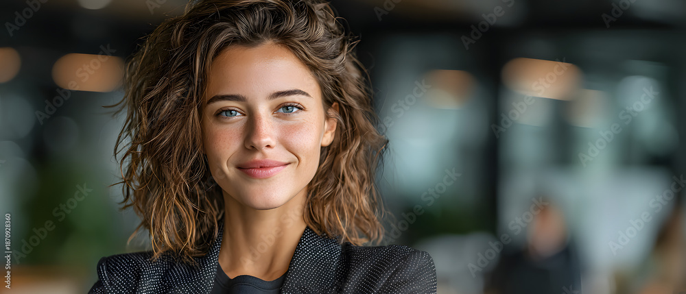 Fototapeta premium Happy, face and woman with arms crossed in office with business pride and corporate work. Smile, company and portrait of a female employee with confidence and professional empowerment at an agency