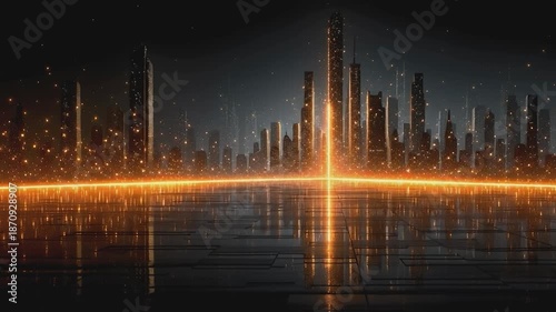 City of Innovation: A futuristic cityscape, illuminated by a network of glowing lines. This vision of urban progress, with sleek skyscrapers and dynamic energy streams.