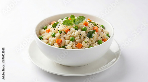 A high-quality studio shot of savory Indian semolina upma served in a white bowl with fresh vegetable garnishes.
