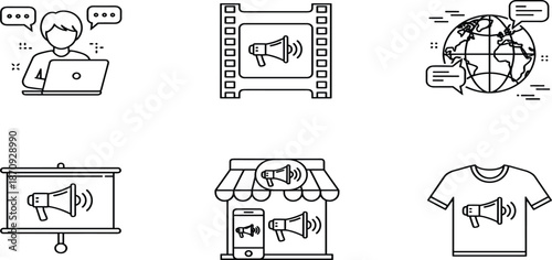 Digital marketing icon set featuring online support, video advertising, global communication, presentation broadcasting, retail store promotion, and custom branded apparel marketing.