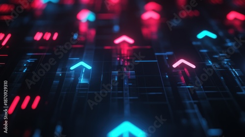 Glowing arrows pointing up, red and blue, on a dark, digital-looking surface