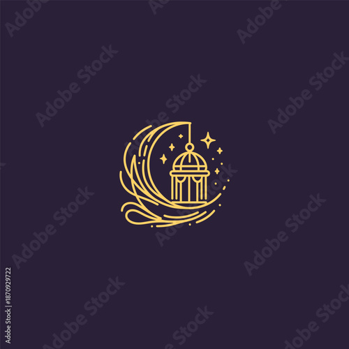 Moon crescent and lantern line art logo symbolizing light, faith, and guidance.