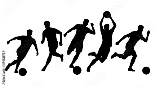 Dynamic black silhouette illustrations of soccer players in various action poses, dribbling, kicking, and jumping with a ball, on a white background.