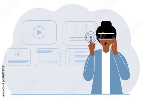 A woman wearing a virtual reality headset studies, works, plays and works.