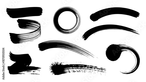 Collection of black ink brush stroke graphics, including a zen enso circle, wavy lines, and splatters, set against a white background