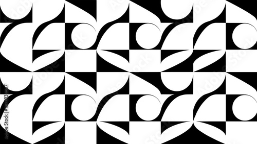 Abstract geometric pattern with black and white shapes, repeating curved lines, squares, and triangles in a modern, minimalist design for backgrounds.