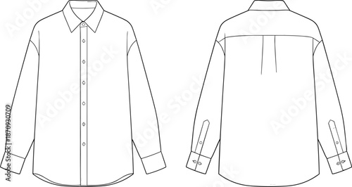 Men long sleeve button shirt technical fashion sketch front and back view, classic apparel template cad drawing flat vector illustration