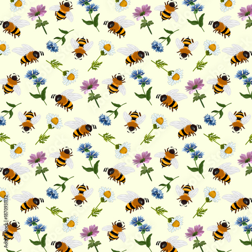 Bees collect nectar from wildflowers.Vector seamless pattern with bright bees and wild flowers on a colored background.