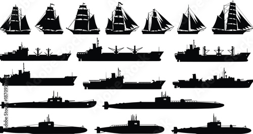 Ship and submarine silhouette vector illustration set, sailing vessels, cargo ships and naval submarines, black maritime transportation collection for ocean, military and logistics design use