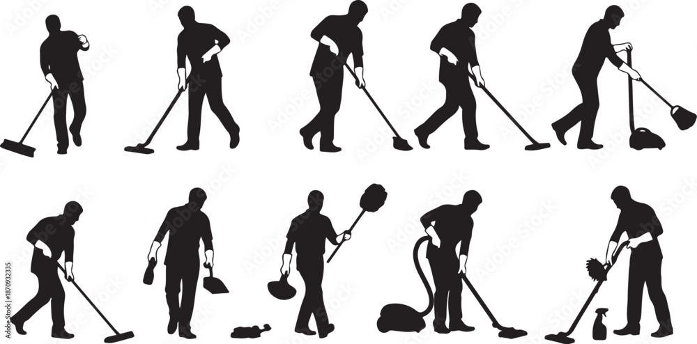 Obraz premium Man cleaning with various vacuum silhouettes