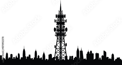 Urban city skyline silhouette with central communication tower, modern metropolitan landscape vector illustration, minimal black and white design for technology and broadcasting concepts