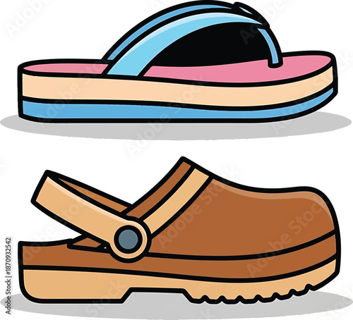 Summer footwear set including flip flop and casual clog illustration