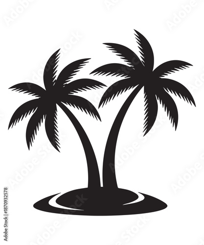 Silhouette of two palm trees on a small island, tropical beach scene, vacation, summer, exotic, nature, travel, paradise.