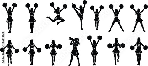 Cheerleader silhouettes collection with pom poms, high kicks, jumps, and megaphone, athletic female dancers set for sports team spirit and competitive cheerleading events.