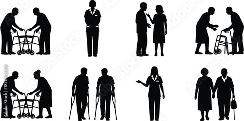 Elderly people silhouettes set, senior characters with walkers and crutches, nursing home residents, geriatric care and disability assistance, isolated on white background.